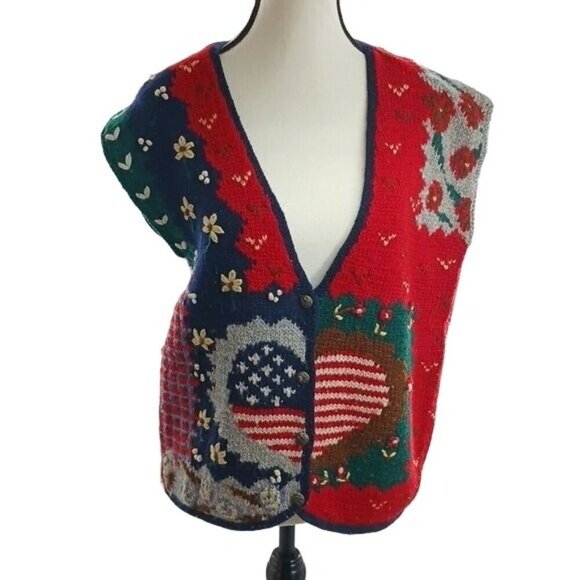 Skyr Womens Size M Patriotic Knit Sweater Vest USA Flag Heart Floral Vintage Y2K - Picture 1 of 7